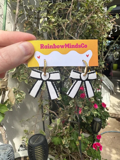 Monochrome Bow Charm Hoop Polymer Clay Earrings- Black and White Statement Jewellery Australia