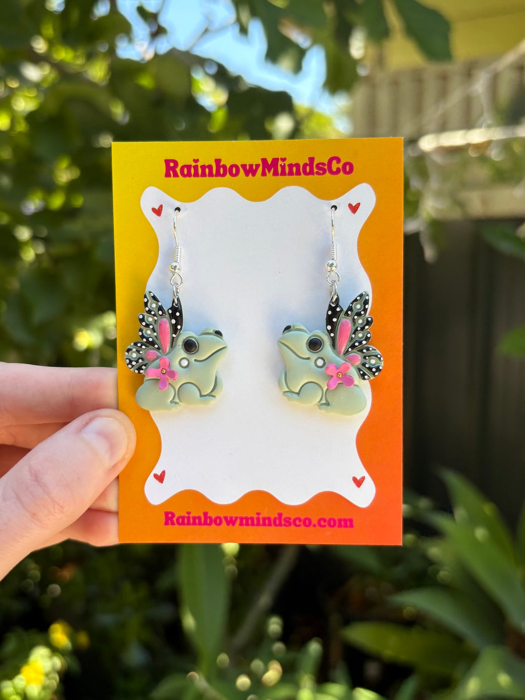 Fernhopper Frog Polymer Clay Earrings- Green Frog with Fairy Wings Dangles