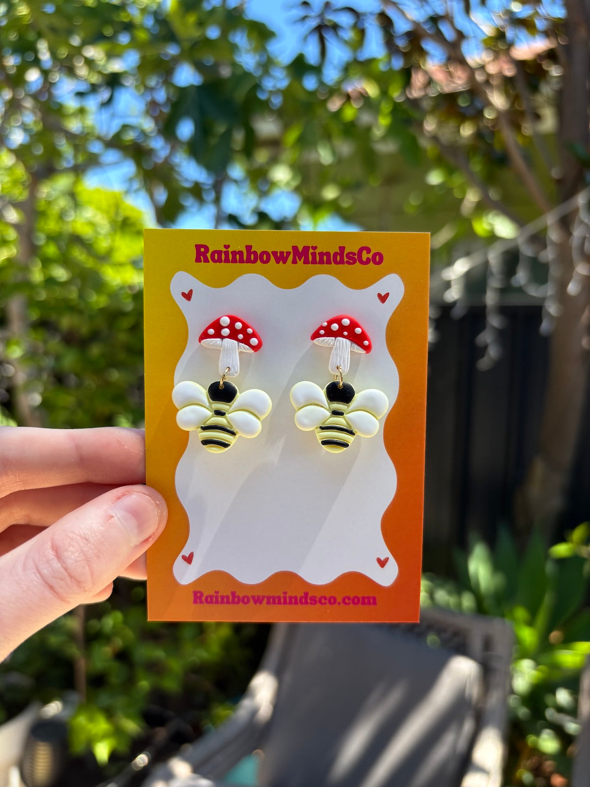 Bee Shroomin’ Polymer Clay Earrings - Red Toadstool and Yellow Bee Dangles