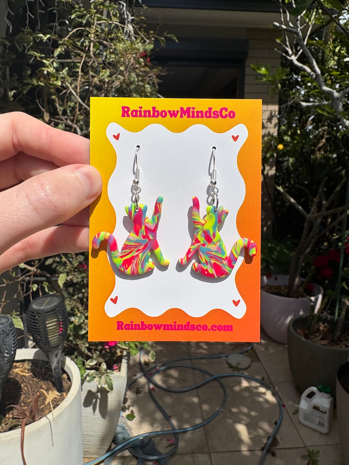 Rainbow Mischief Cat Polymer Clay Earrings- Bright Retro Cat Dangles