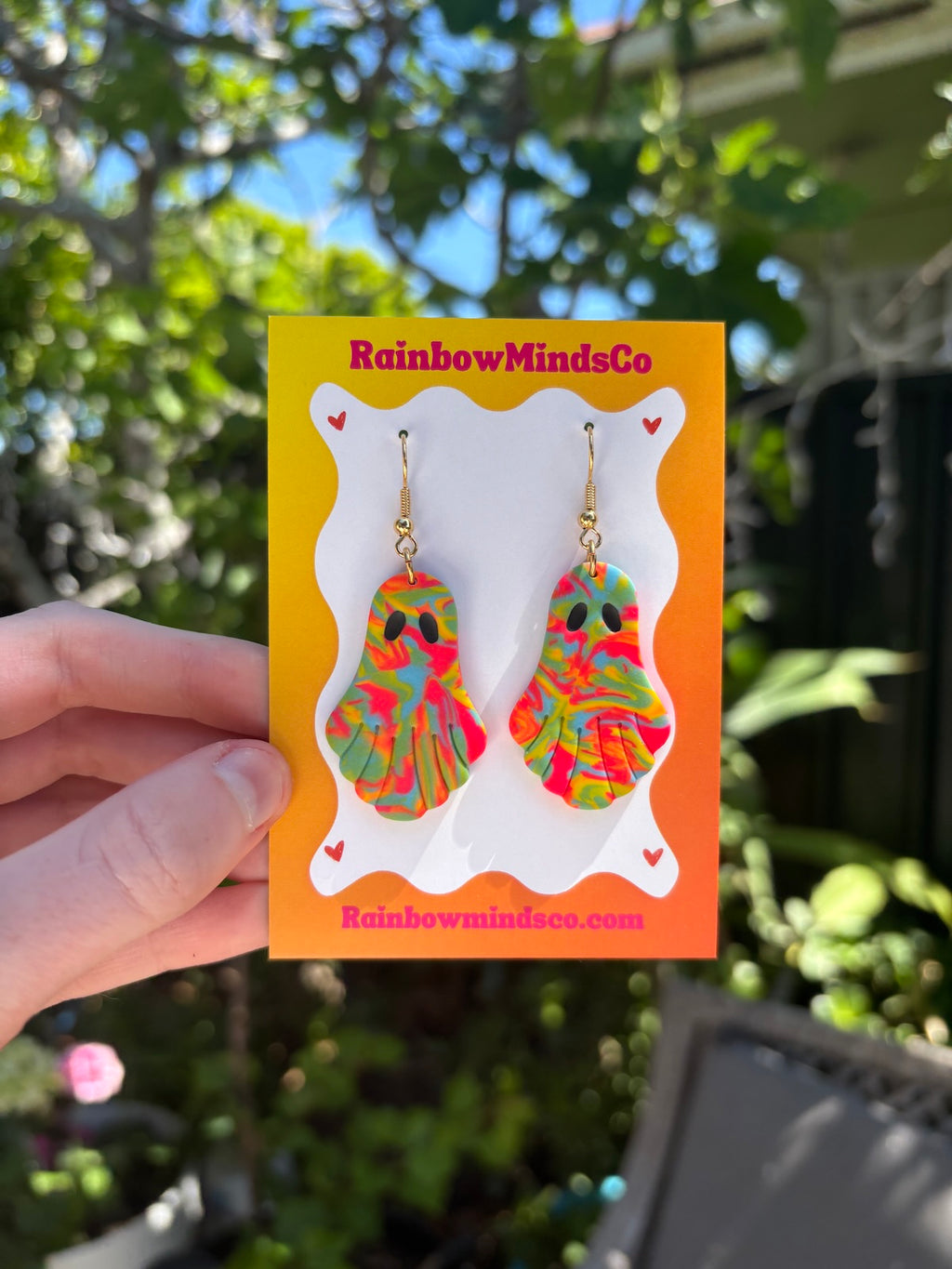 Groovy Ghoul Polymer Clay Earrings- Retro Rainbow Ghost Dangles