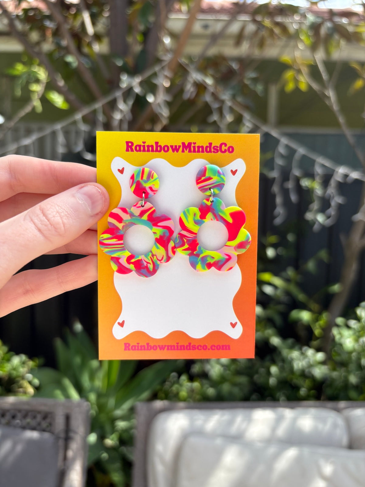 Groovy Daisy Polymer Clay Earrings-Rainbow Swirl Flower Dangles