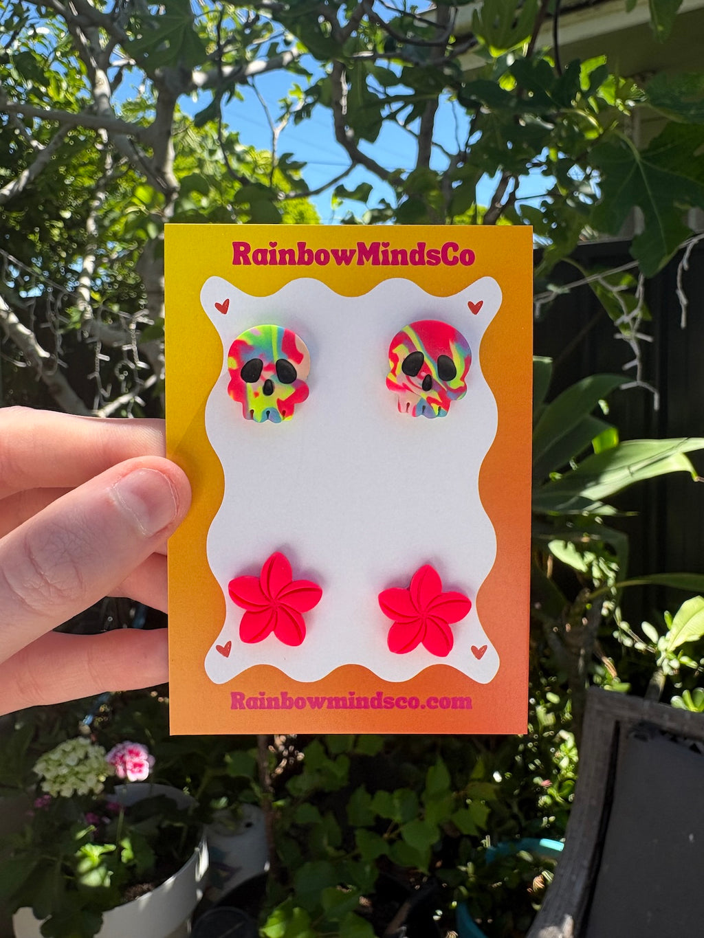 Tropical Afterlife Polymer Clay Studs- Neon Skull and Pink Flower Studs