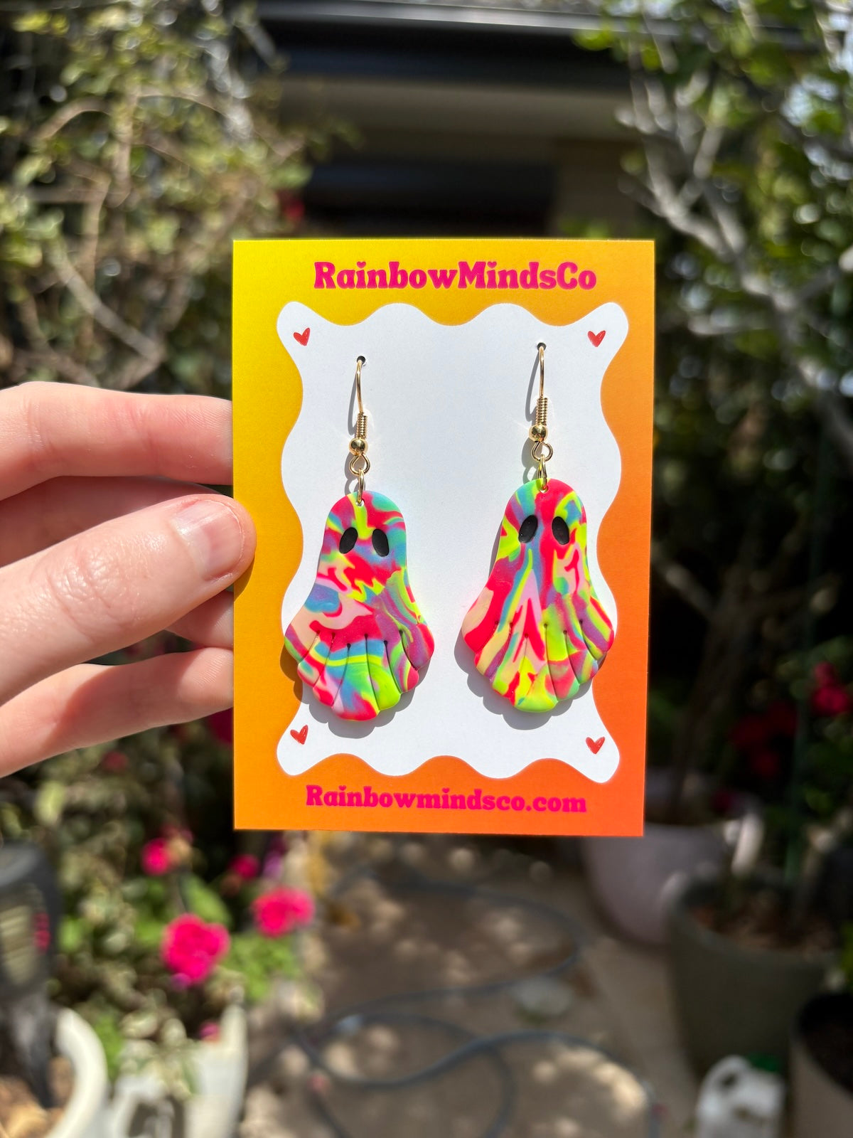 Groovy Ghost Polymer Clay Earrings- Rainbow Swirl Retro Ghost Dangles