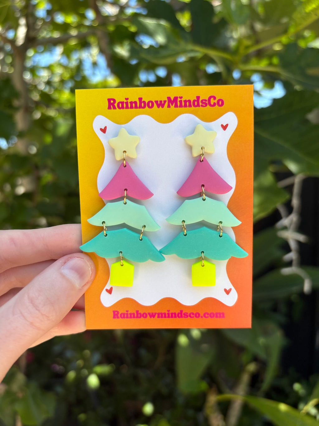 Citrus Dream XMAS Tree Polymer Clay Earrings- Pink, Aqua & Neon Yellow Dangles