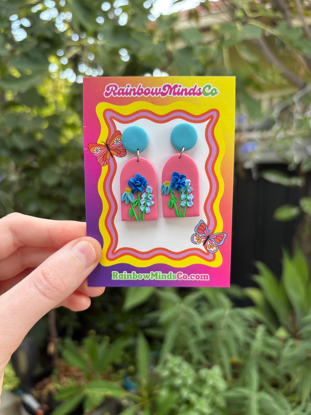 Hope in Bloom Polymer Clay Earrings- Pink Arch with detailed Blue Florals
