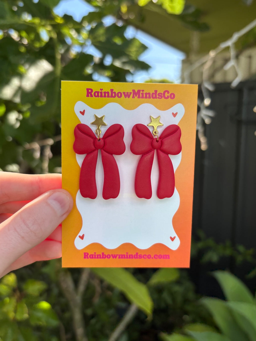 Red Ribbon Polymer Clay Earrings- Red Bows with Gold Stars Studs