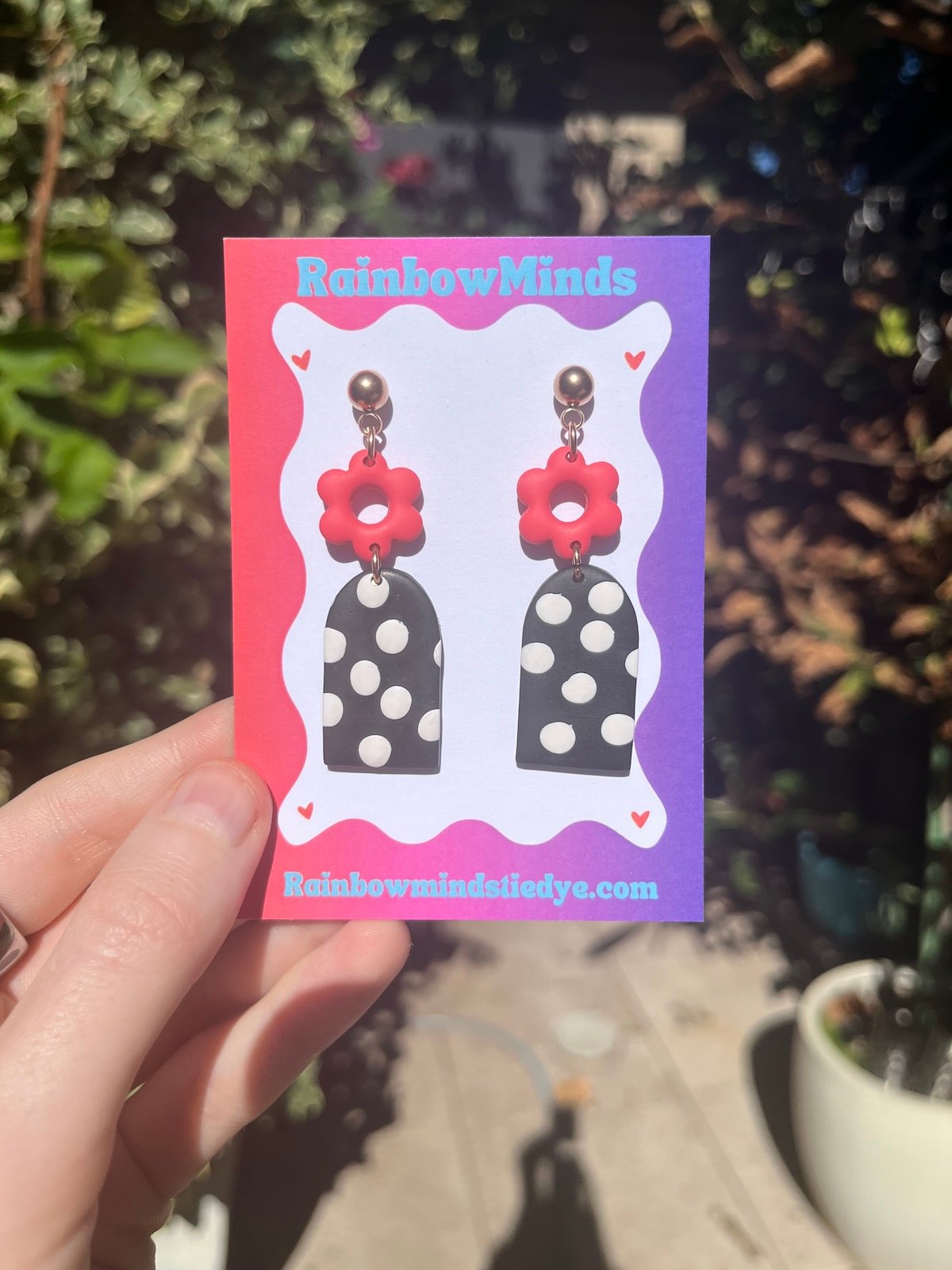 Flora Pop Polymer Clay Earrings- Red Flowers with Black Spotted Arch Dangles