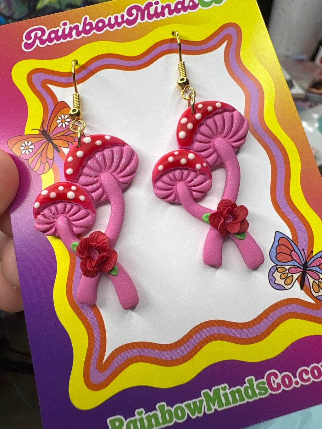 Shroom Love Polymer Clay Earrings- Red & Pink Mushroom Dangles