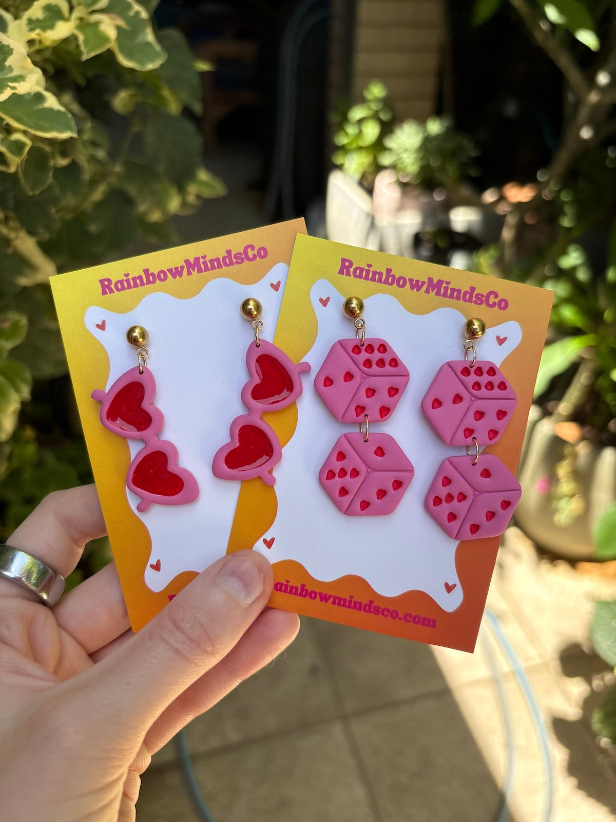 Lucky Love Polymer Clay Earrings- Pink Dice with Red Hearts Dangles