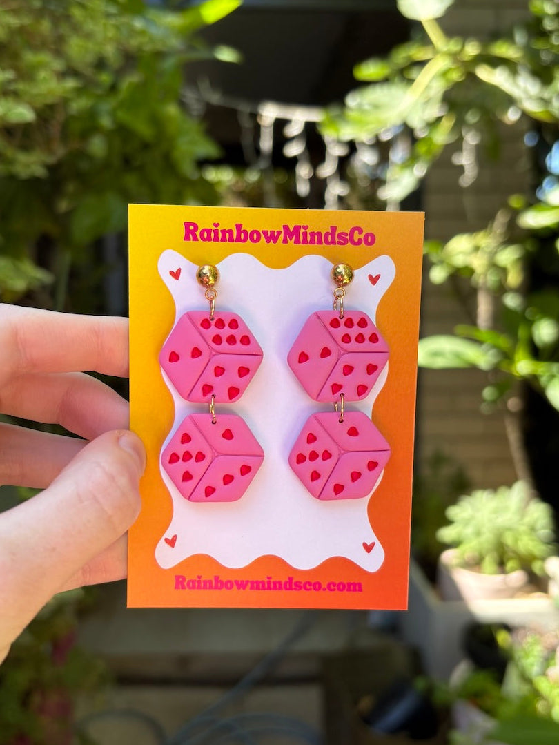 Lucky Love Polymer Clay Earrings- Pink Dice with Red Hearts Dangles