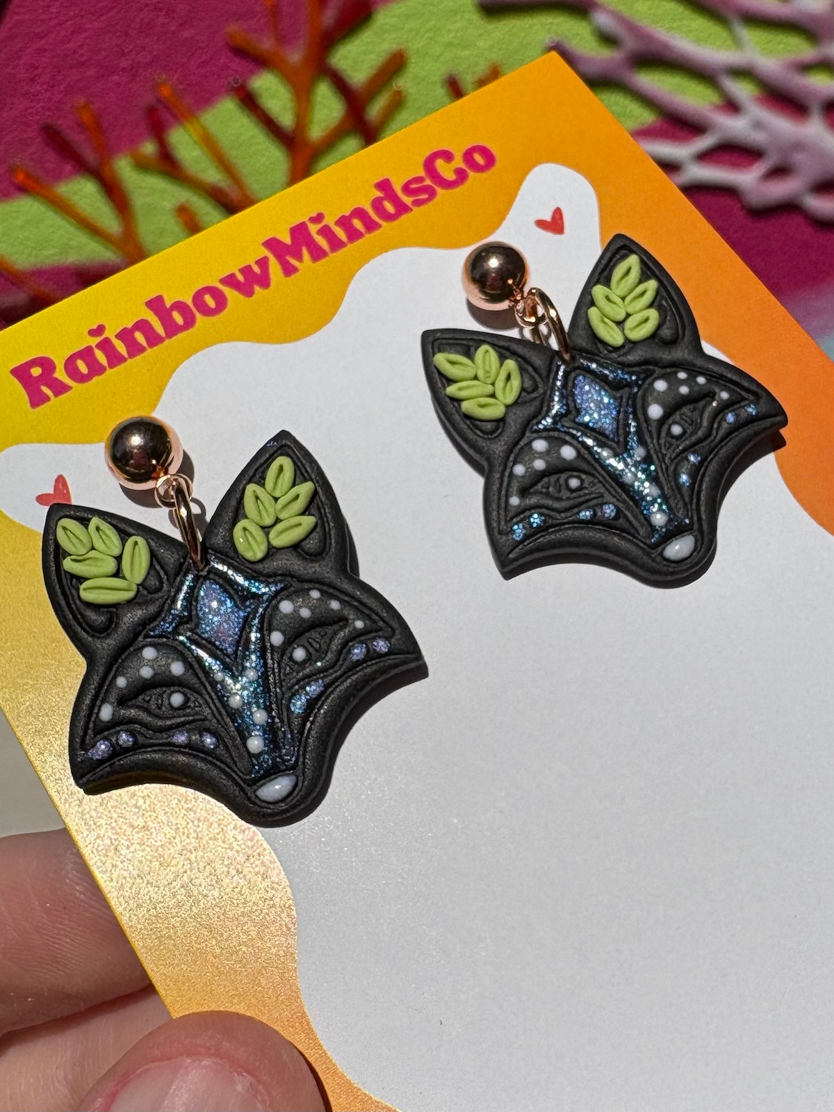 Starlight Fox Polymer Clay Earrings- Black Fox Dangles with Sparkly Blue Shimmer & Leaf Details