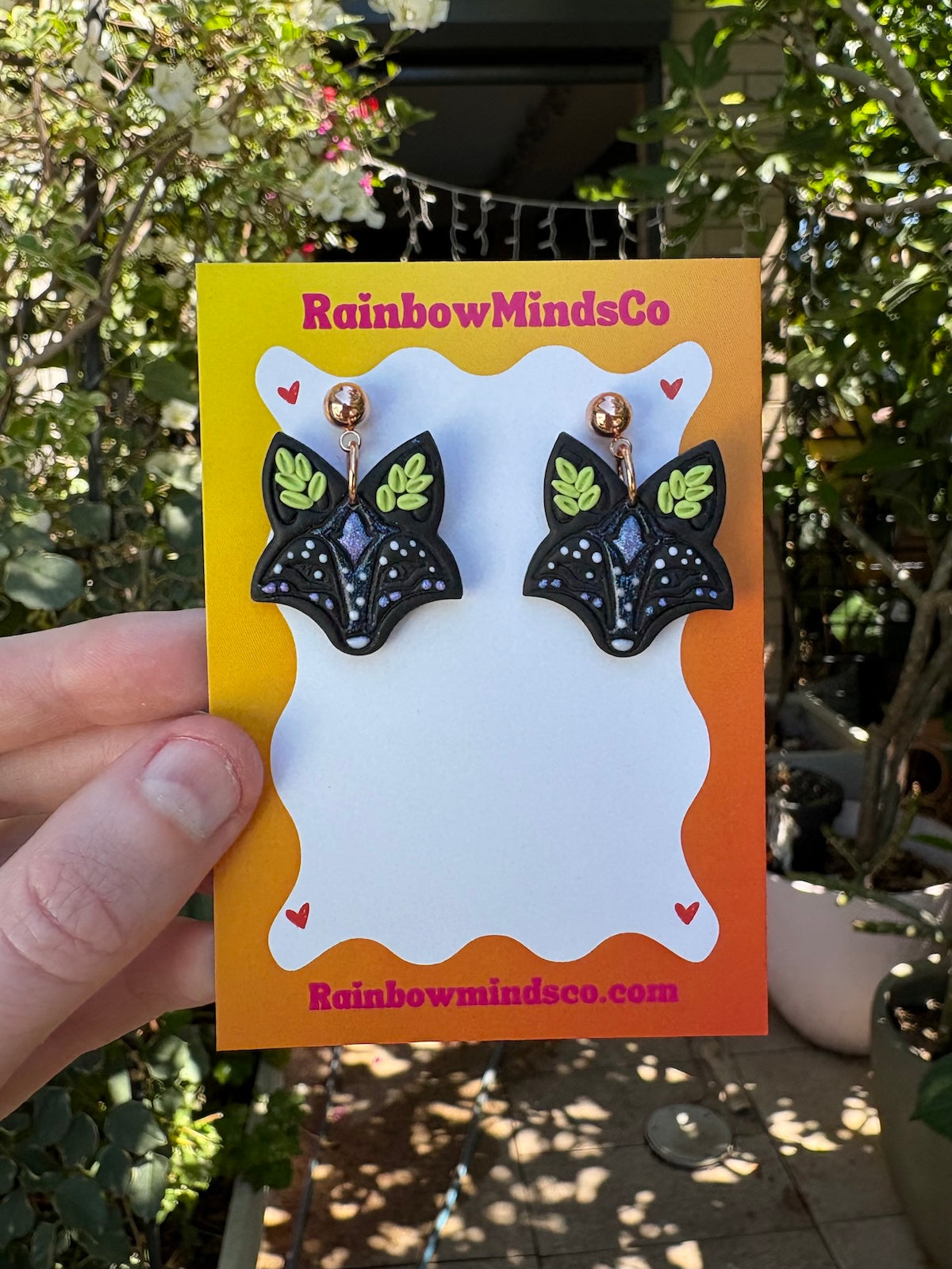 Starlight Fox Polymer Clay Earrings- Black Fox Dangles with Sparkly Blue Shimmer & Leaf Details