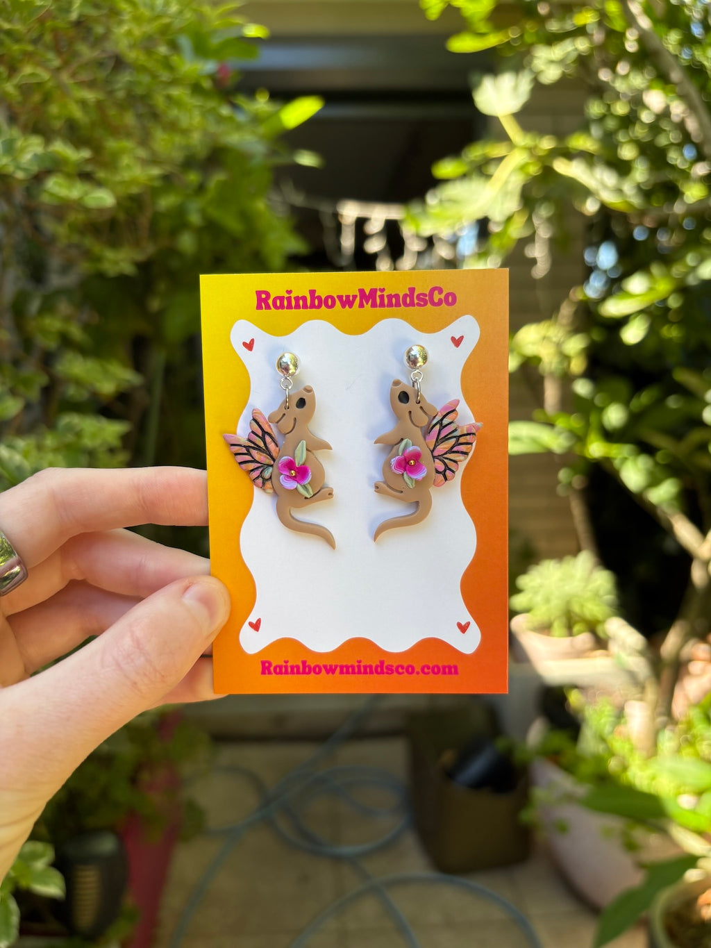 Fairy Forest Mouse Polymer Clay Earrings- Whimsical Tan Mouse with Fairy Wings & Floral Dangles