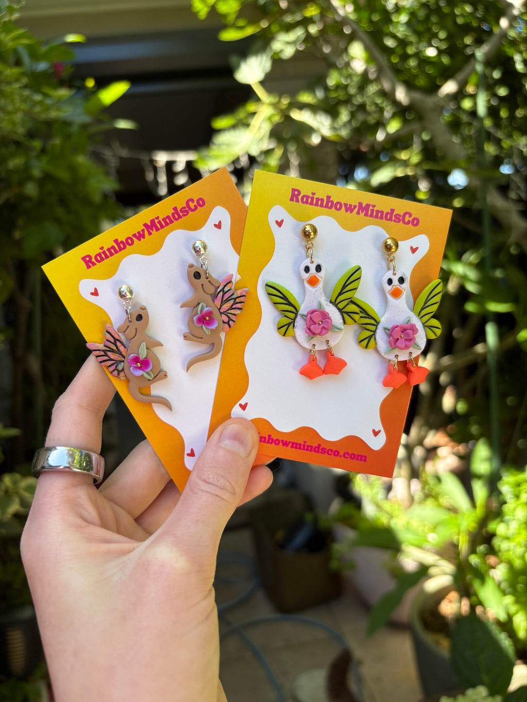 Fairy Forest Mouse Polymer Clay Earrings- Whimsical Tan Mouse with Fairy Wings & Floral Dangles