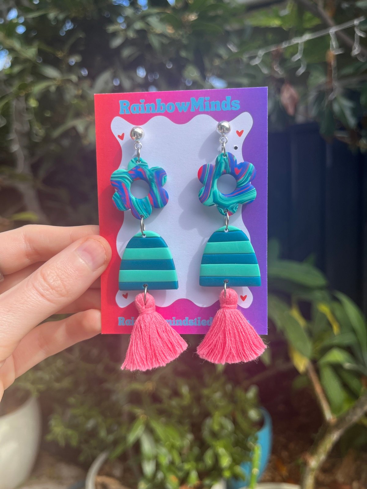 Cosmic Garden Tassel Polymer Clay Earrings- Aqua, Teal & Pink Statement Dangles