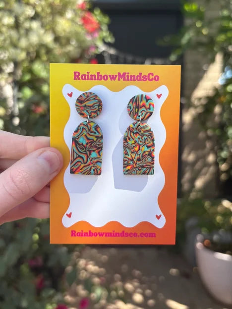 Vibe Swirls Polymer Clay Earrings- Black, Orange & Aqua Trippy Arch Earrings