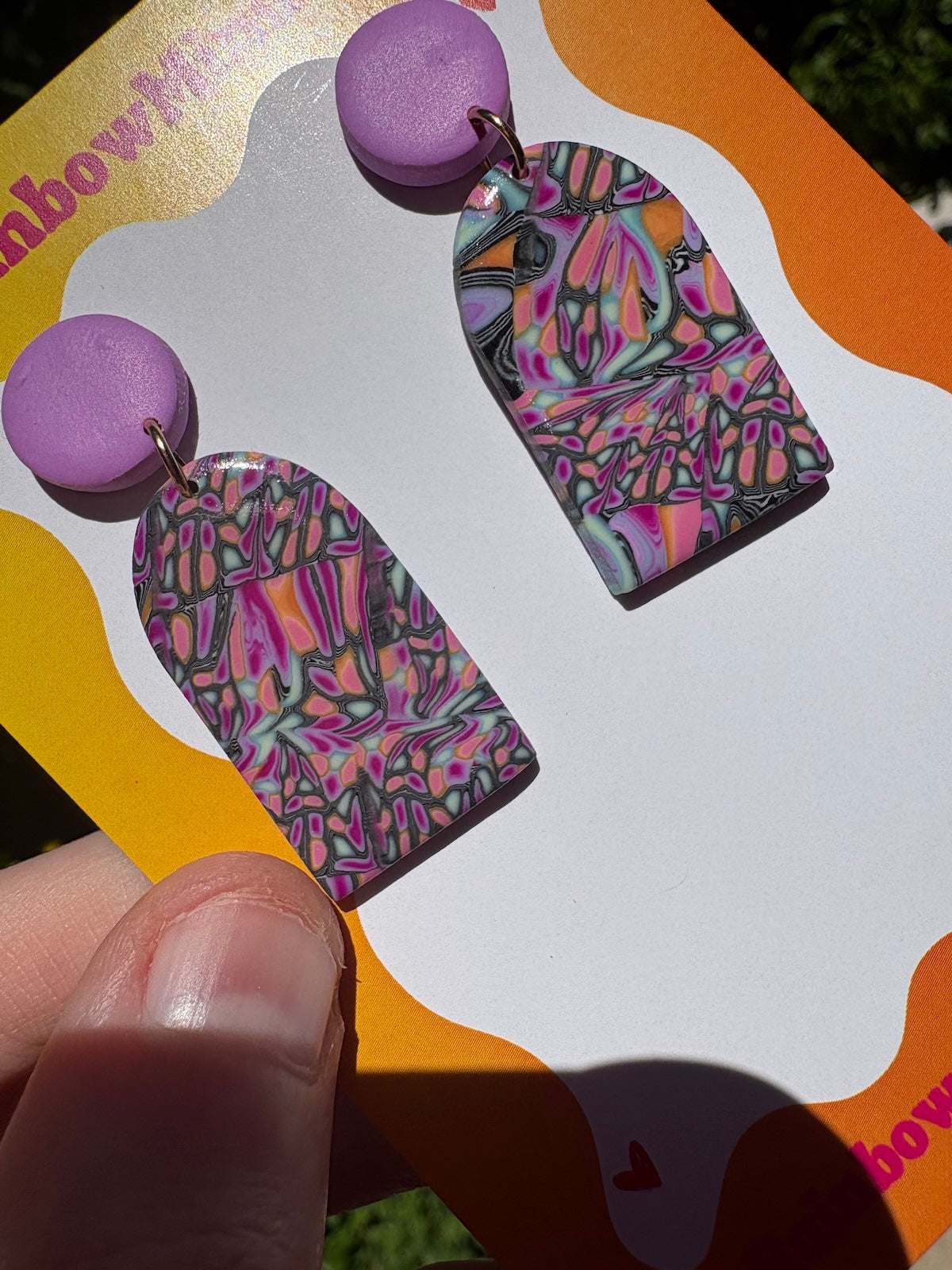 Retro Dreamscape Polymer Clay Earrings- Purple Rainbow Arch Dangles