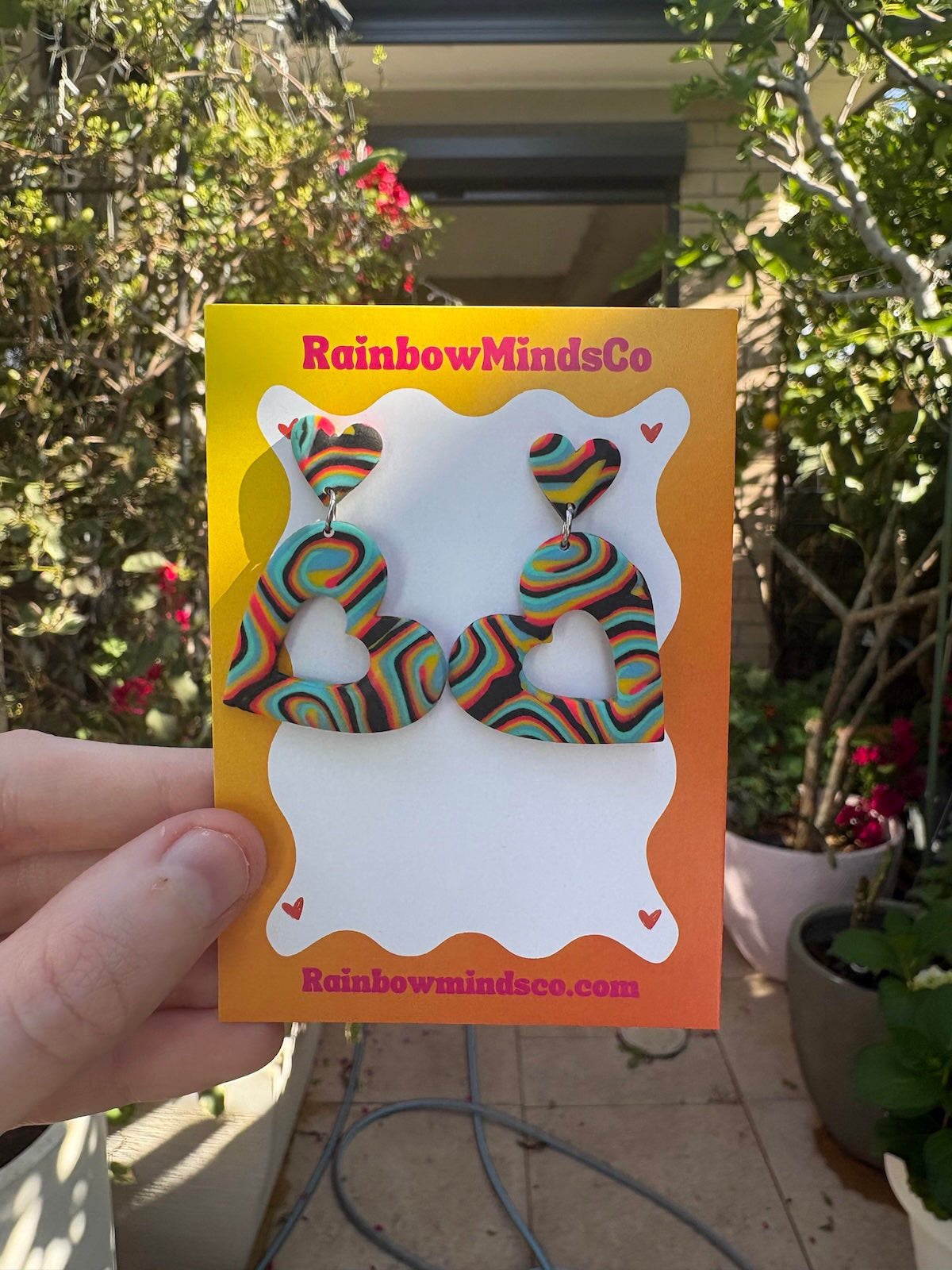 Vibe Swirls Polymer Clay Earrings- Black, Orange & Aqua Trippy Love Heart Dangles