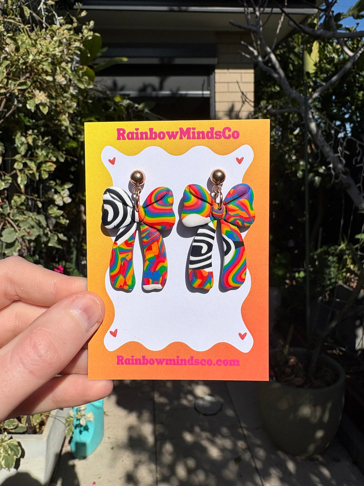 Rainbow Trip Bow Polymer Clay Earrings- Psychedelic Rainbow and Black/White Design Australia