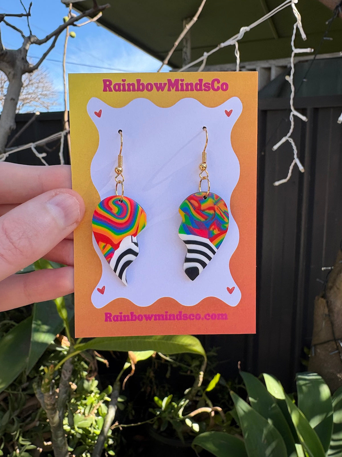 Love in Pieces Polymer Clay Earrings- Rainbow & Zebra Broken Heart Dangles