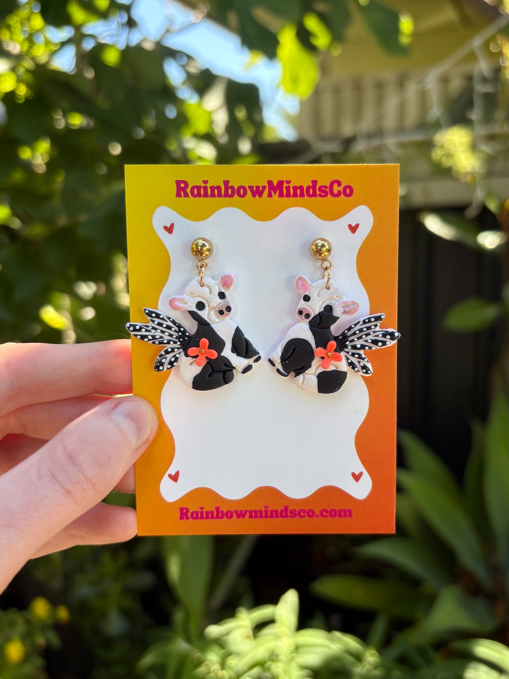 Moonbeam Moo Polymer Clay Earrings- Black & White Cow Fairy Dangles