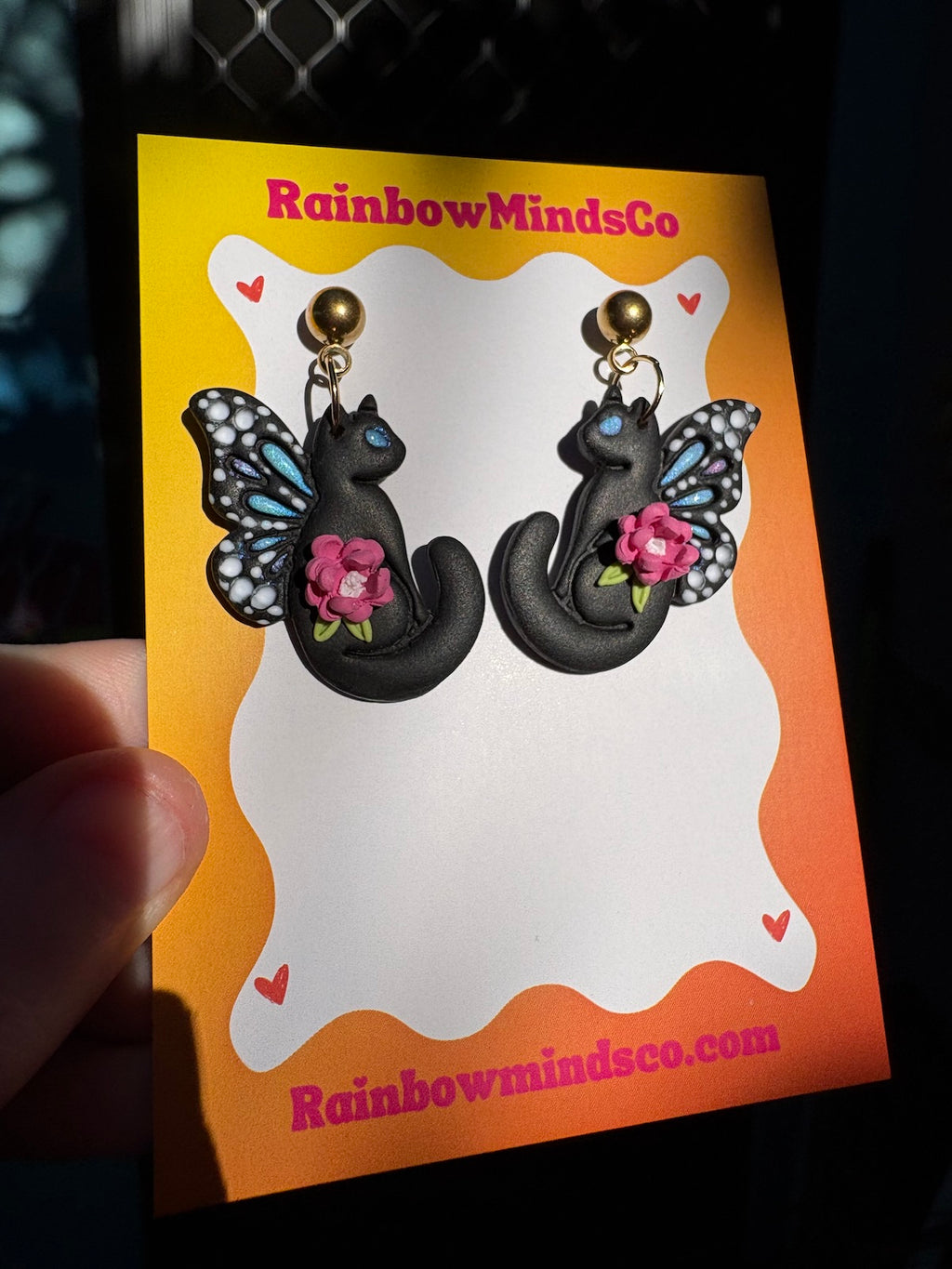 Midnight Whiskers Polymer Clay Earrings- Black Cats with Fairy Wings and Florals Dangles