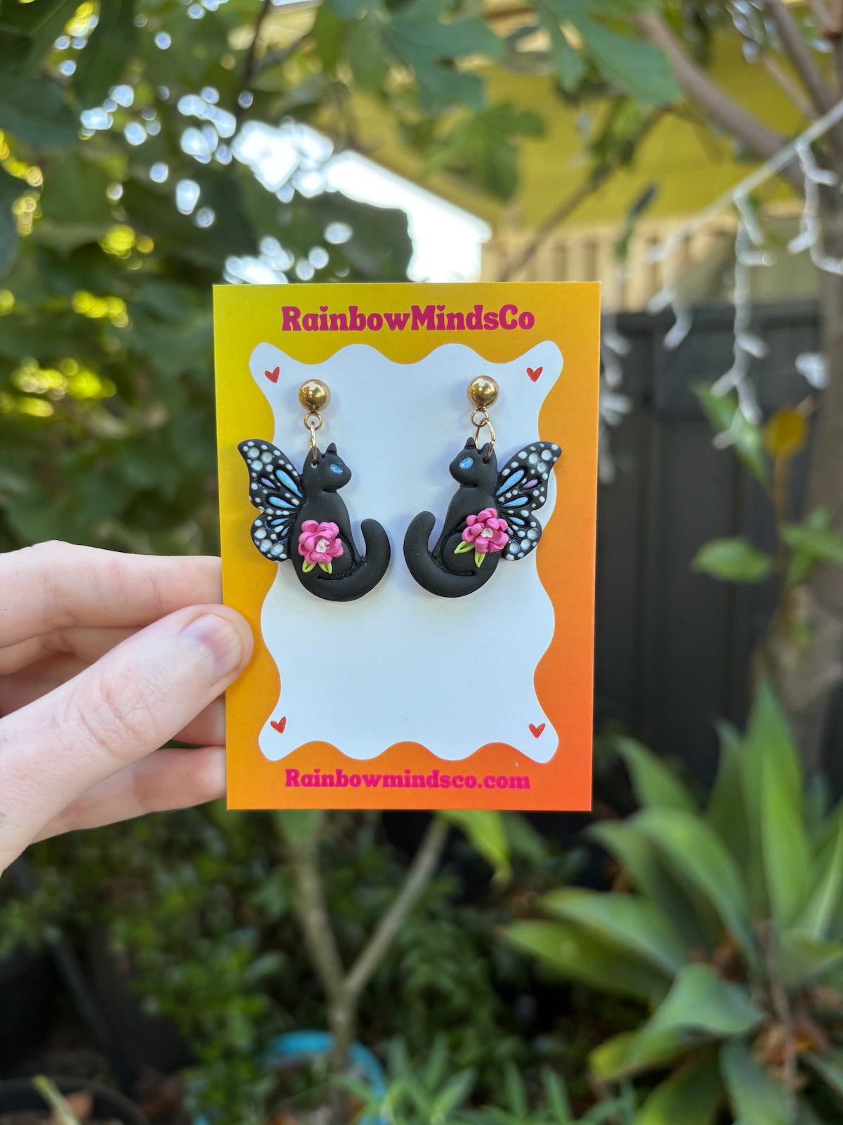 Midnight Whiskers Polymer Clay Earrings- Black Cats with Fairy Wings and Florals Dangles