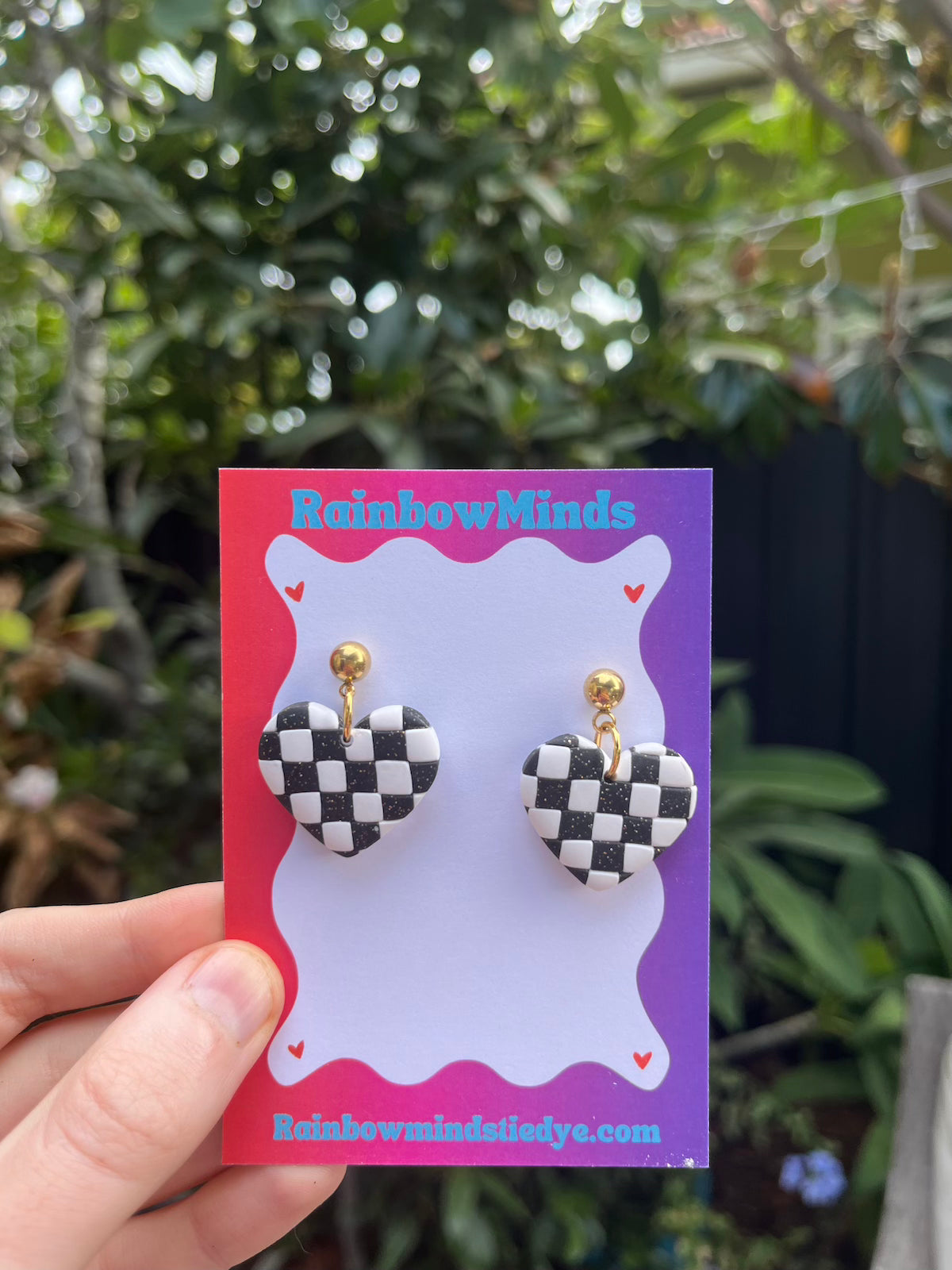 Checker Hearts - Black & White Checkered Polymer Clay Earrings