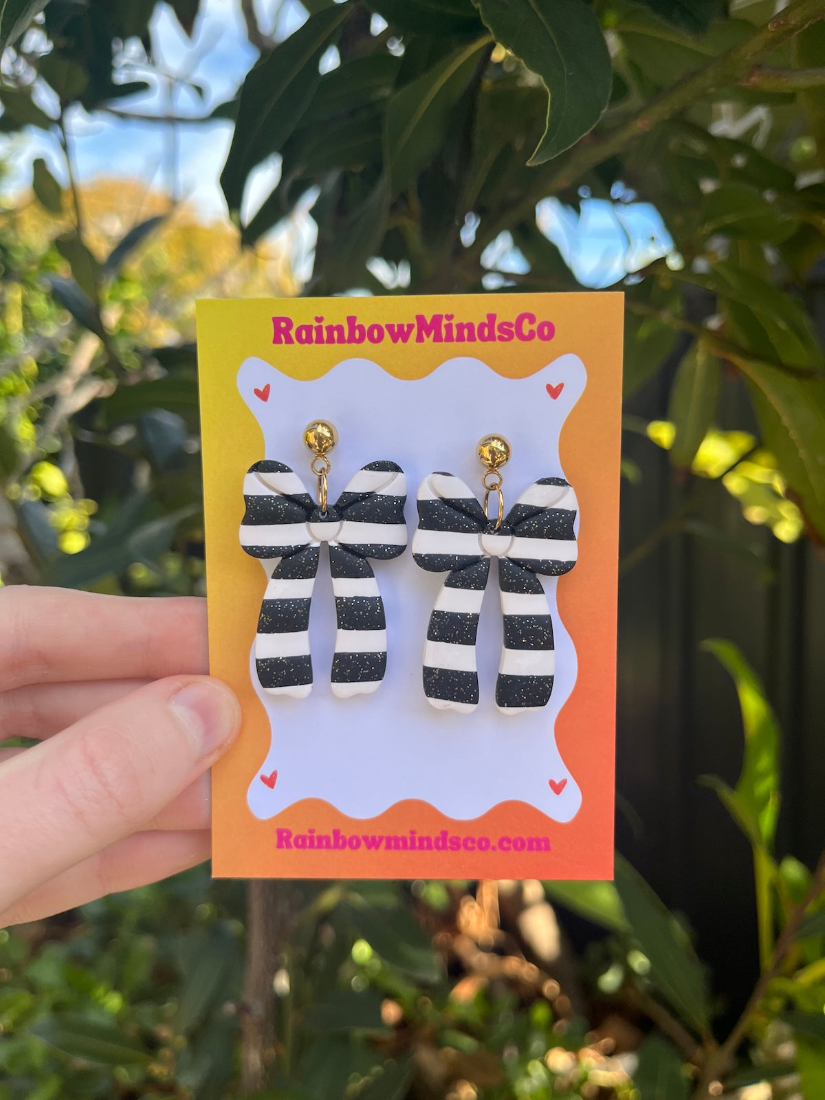 Midnight Bows - Black & White striped Polymer Clay Earrings