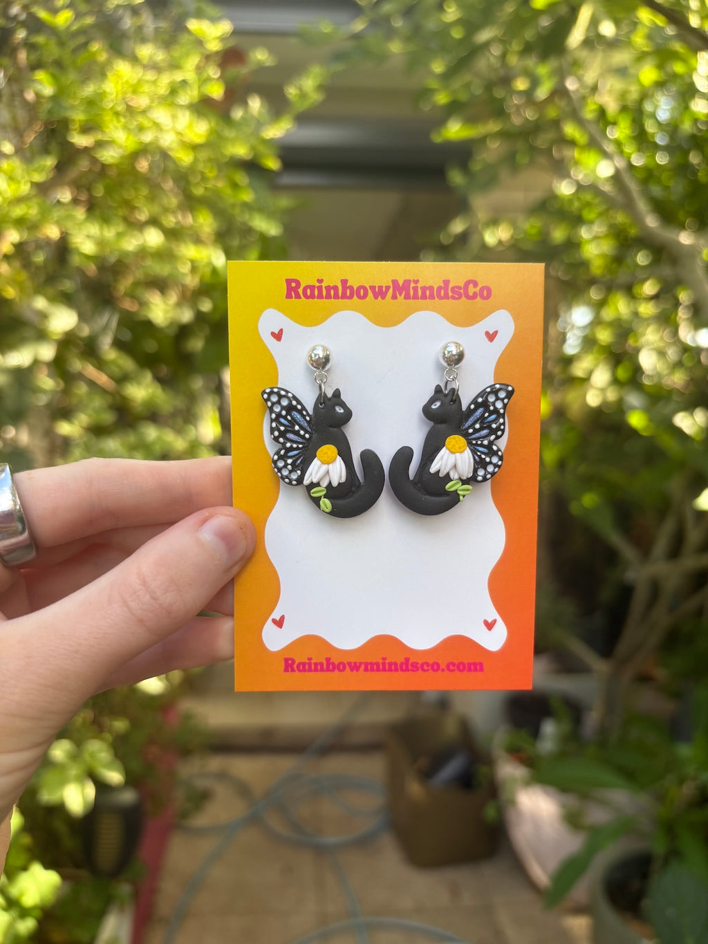 Moonlit Garden Cat Polymer Clay Earrings- Black Cats with Fairy Wings and Floral Dangles