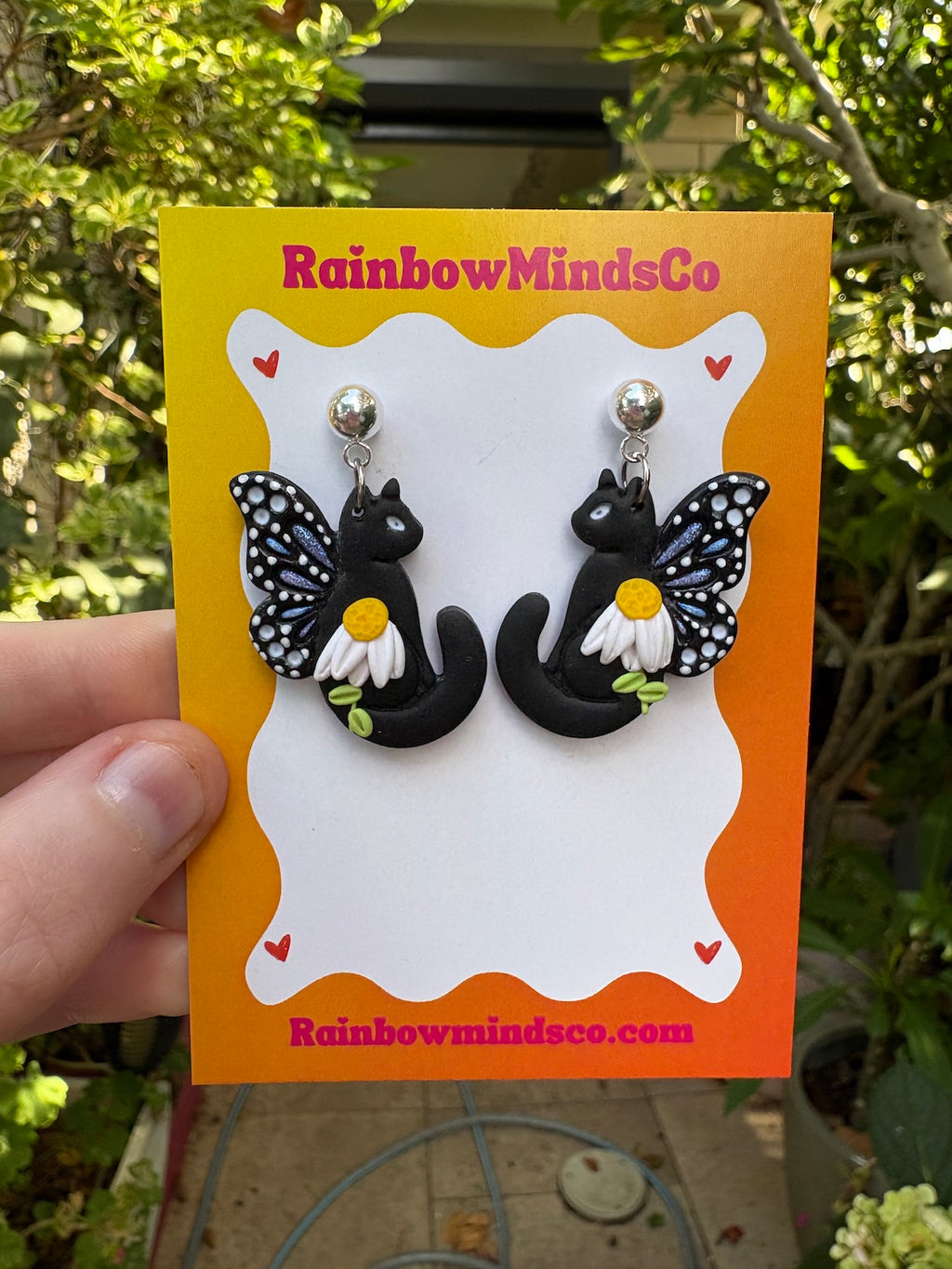 Moonlit Garden Cat Polymer Clay Earrings- Black Cats with Fairy Wings and Floral Dangles
