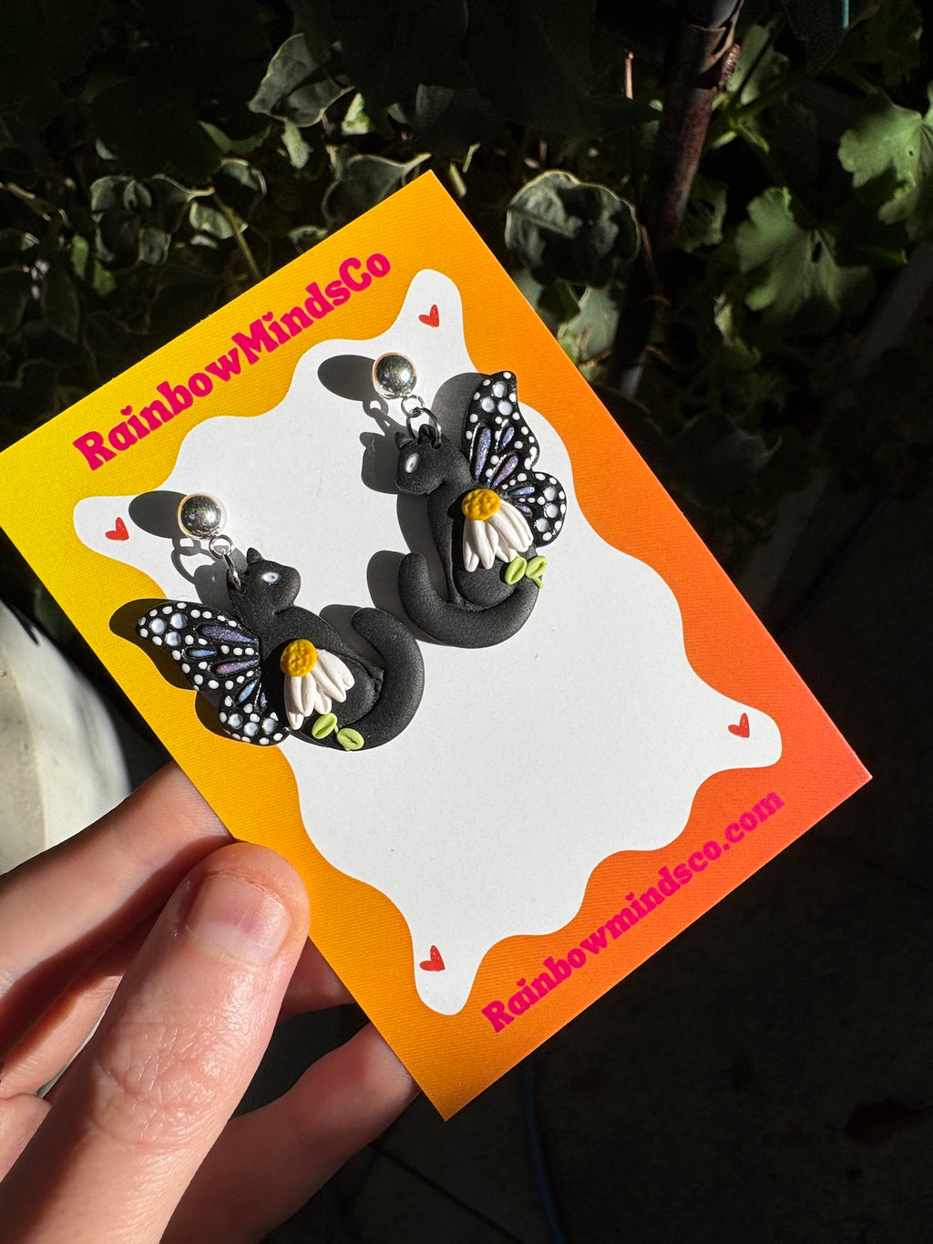 Moonlit Garden Cat Polymer Clay Earrings- Black Cats with Fairy Wings and Floral Dangles