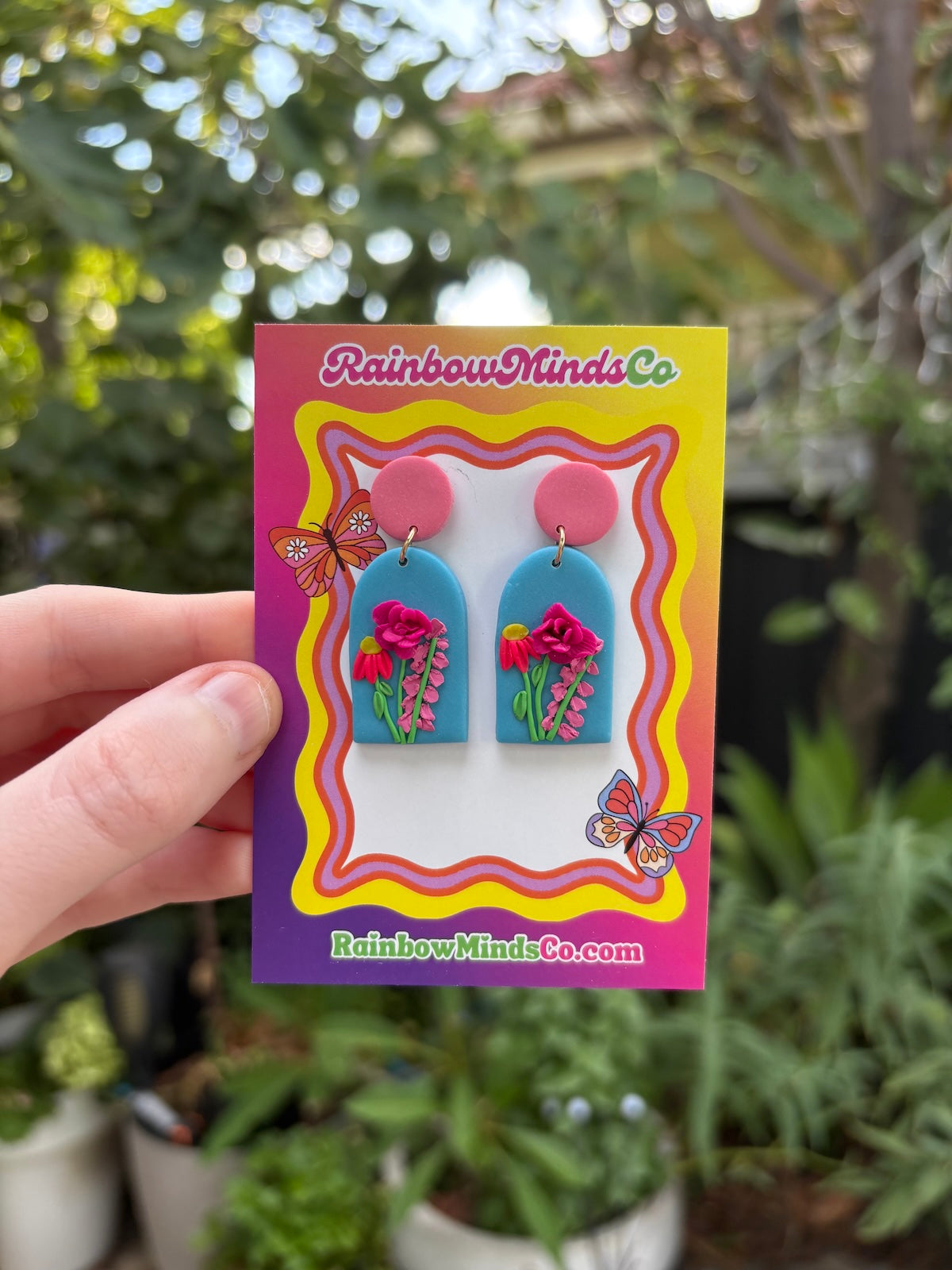 Loud Love Polymer Clay Earrings- Blue Arch with Pink detailed Floral Dangles