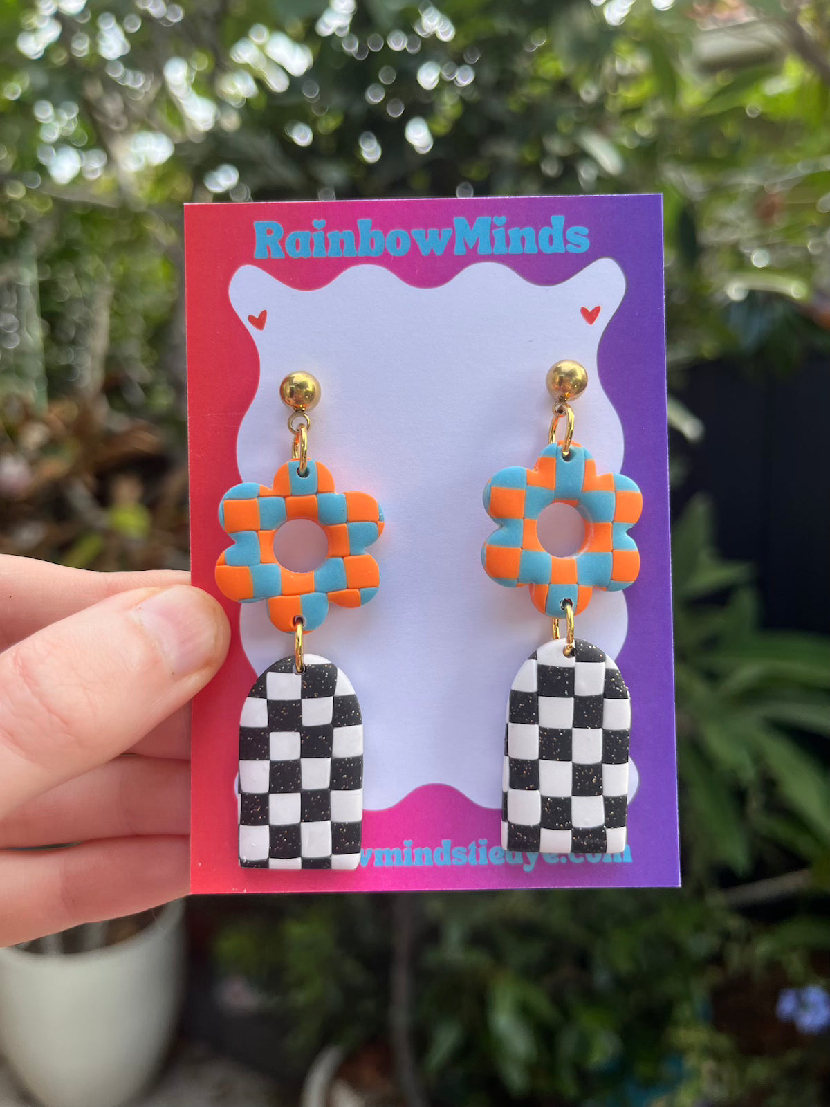 Retro Bloom Arches - Checkered Polymer Clay Earrings
