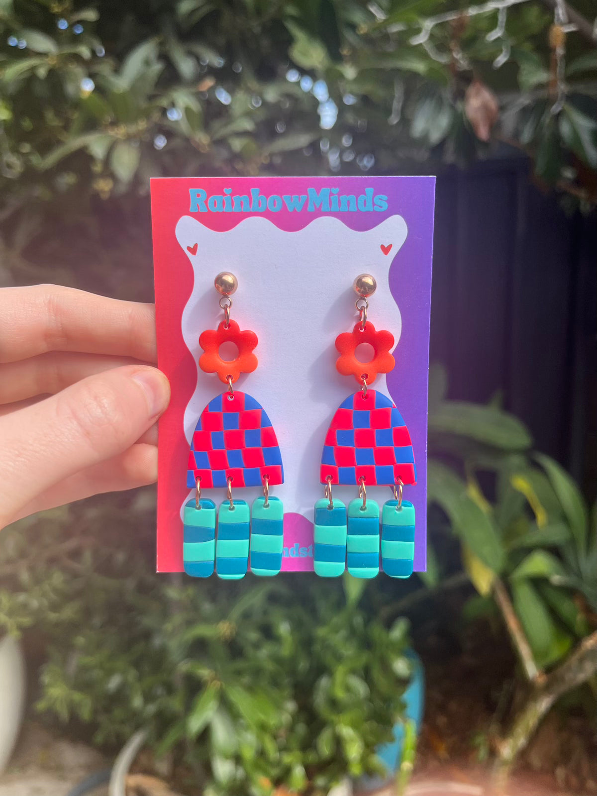 Floral Checker Drops - Multicoloured Statement Polymer Clay Earrings