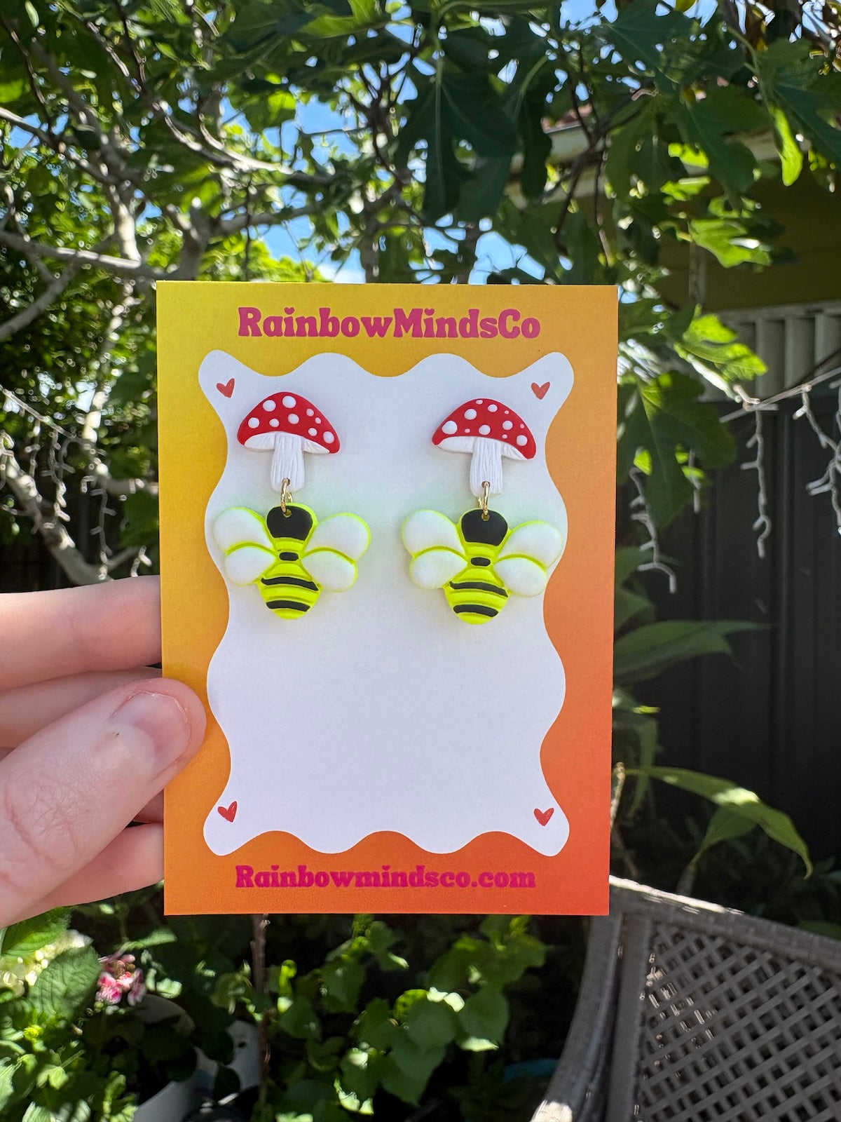 Bee Shroomin’ Polymer Clay Earrings - Red Toadstool and Yellow Bee Dangles