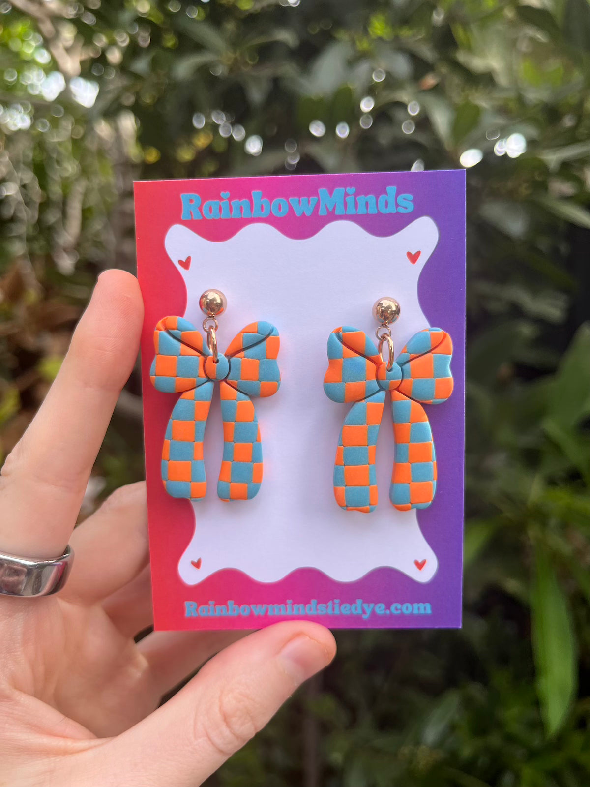 Retro Bows - Blue & Orange Checkered Polymer Clay Earrings