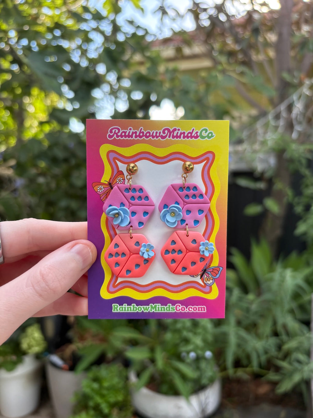 Lucky Dice Polymer Clay Earrings- Pink/Orange Ombre with Blue Floral Dangles