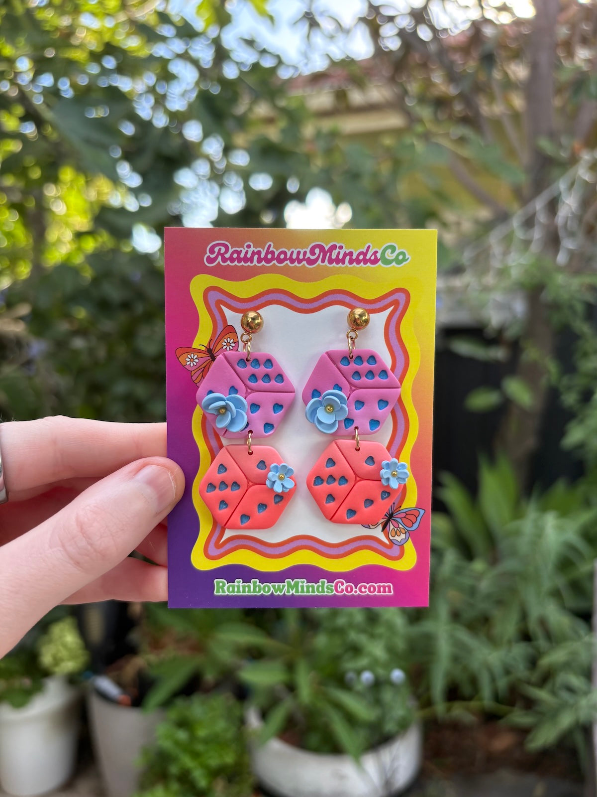 Lucky Dice Polymer Clay Earrings- Pink/Orange Ombre with Blue Floral Dangles